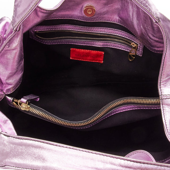 VALENTINO GARAVANI metallic purple leather bow detail hobo tote bag