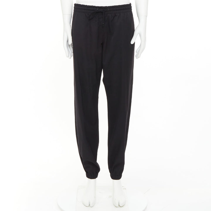SAINT LAURENT 2018 black virgin wool beaded trim drawstring jogger pants FR48 M