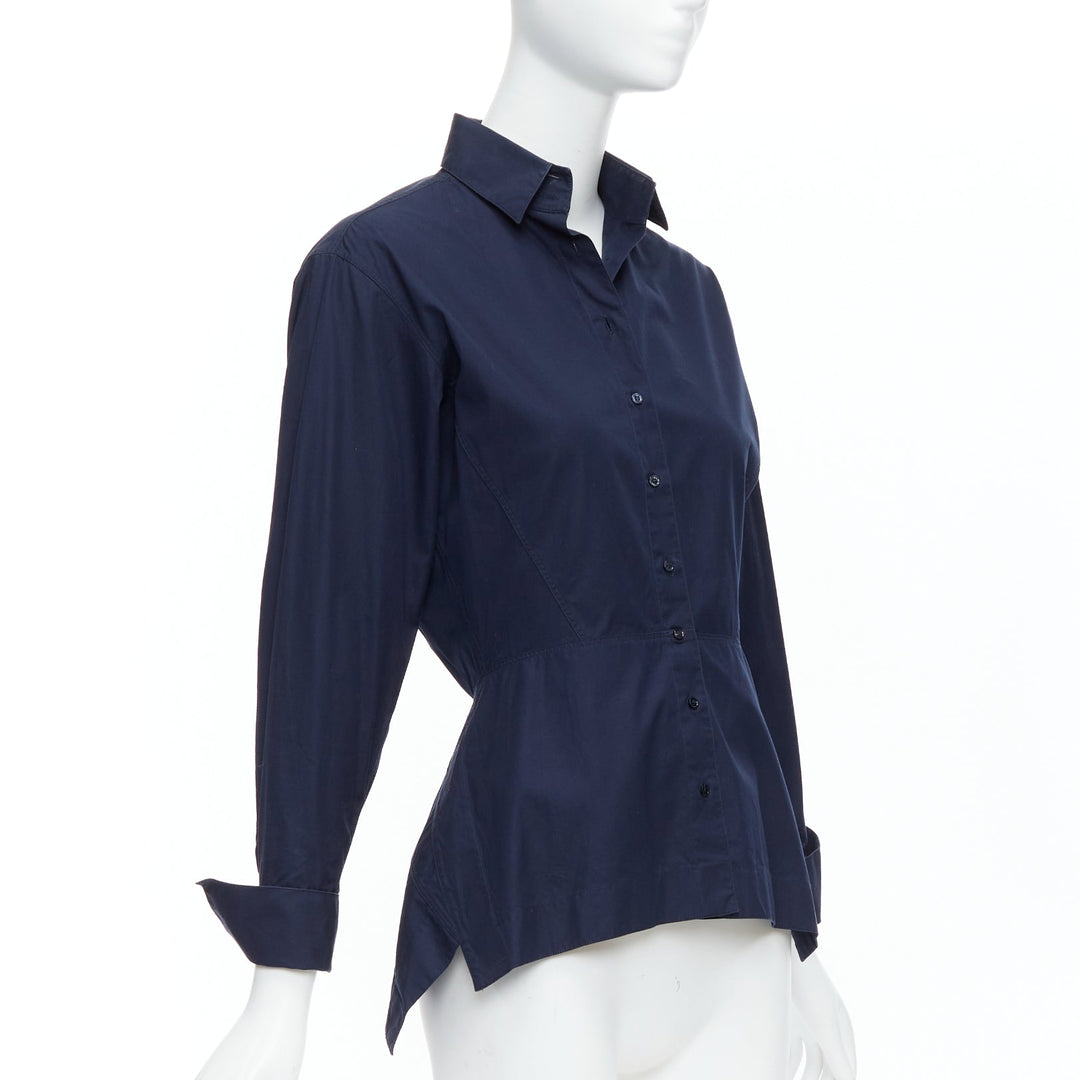 ALAIA navy cotton panelled peplum snatched waist cuffed shirt FR36 S