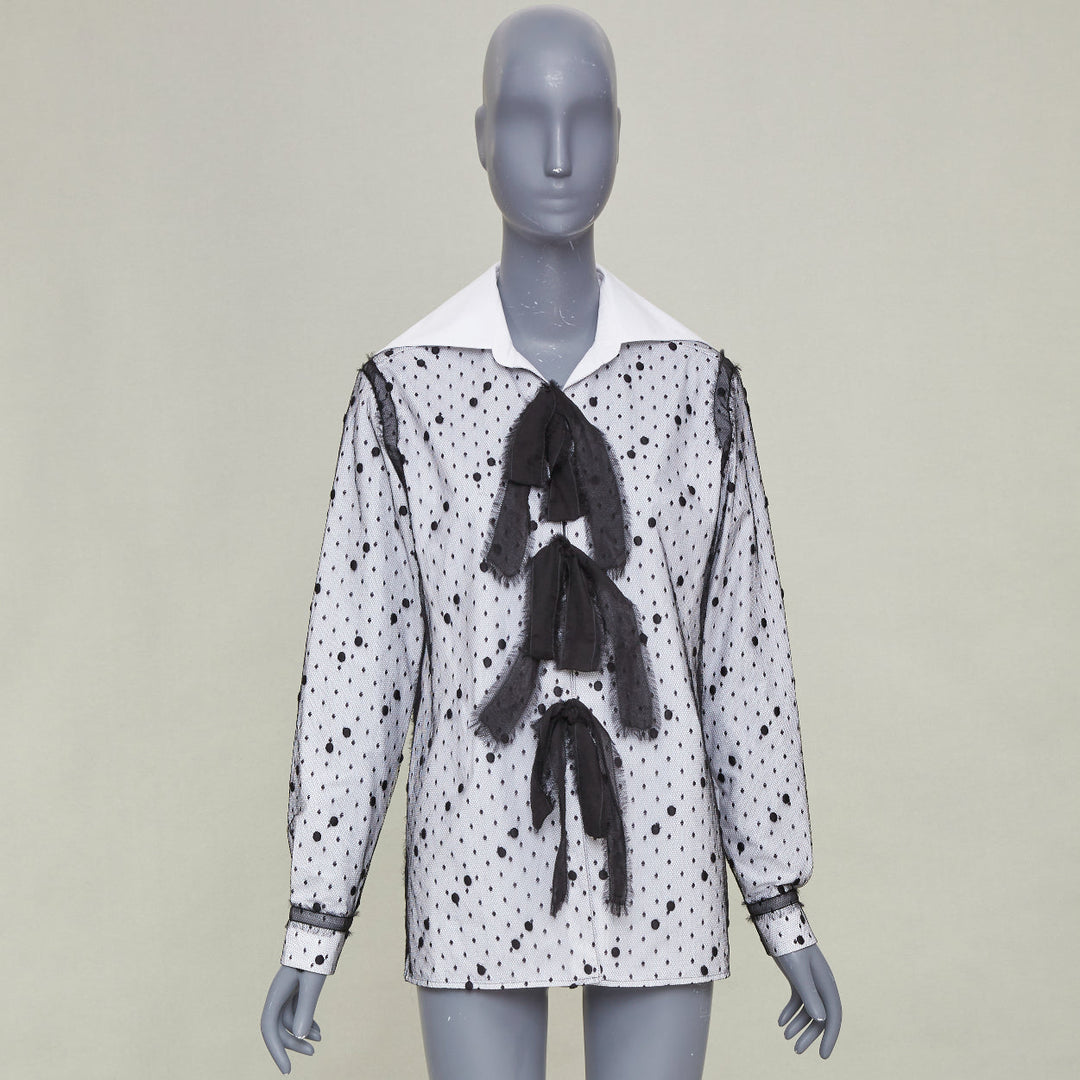 VALENTINO 2021 Point Esprit white black polka dot tulle bow cotton shirt IT38 XS