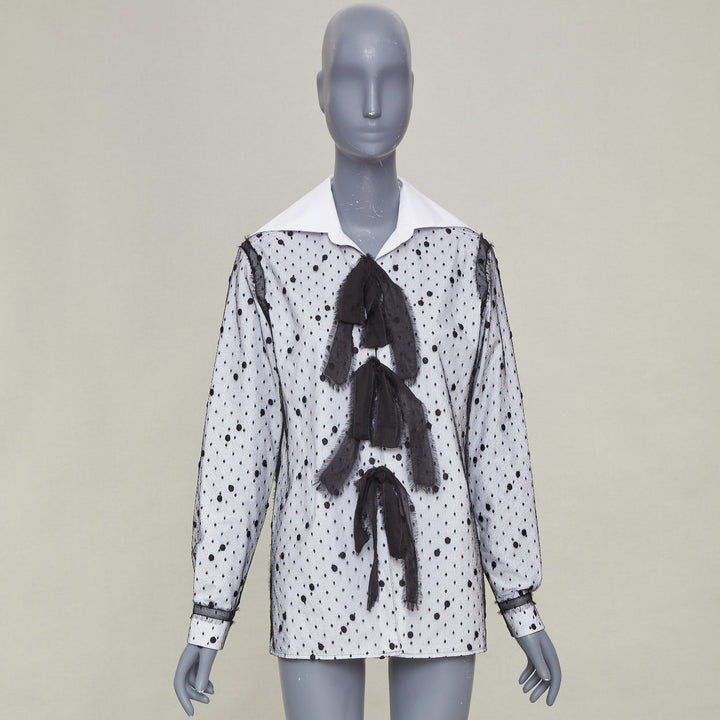 VALENTINO 2021 Point Esprit white black polka dot tulle bow cotton shirt IT38 XS
