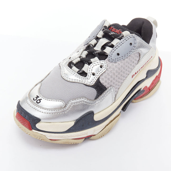 BALENCIAGA Triple S silver distressed stacked midsole chunky sneakers EU36