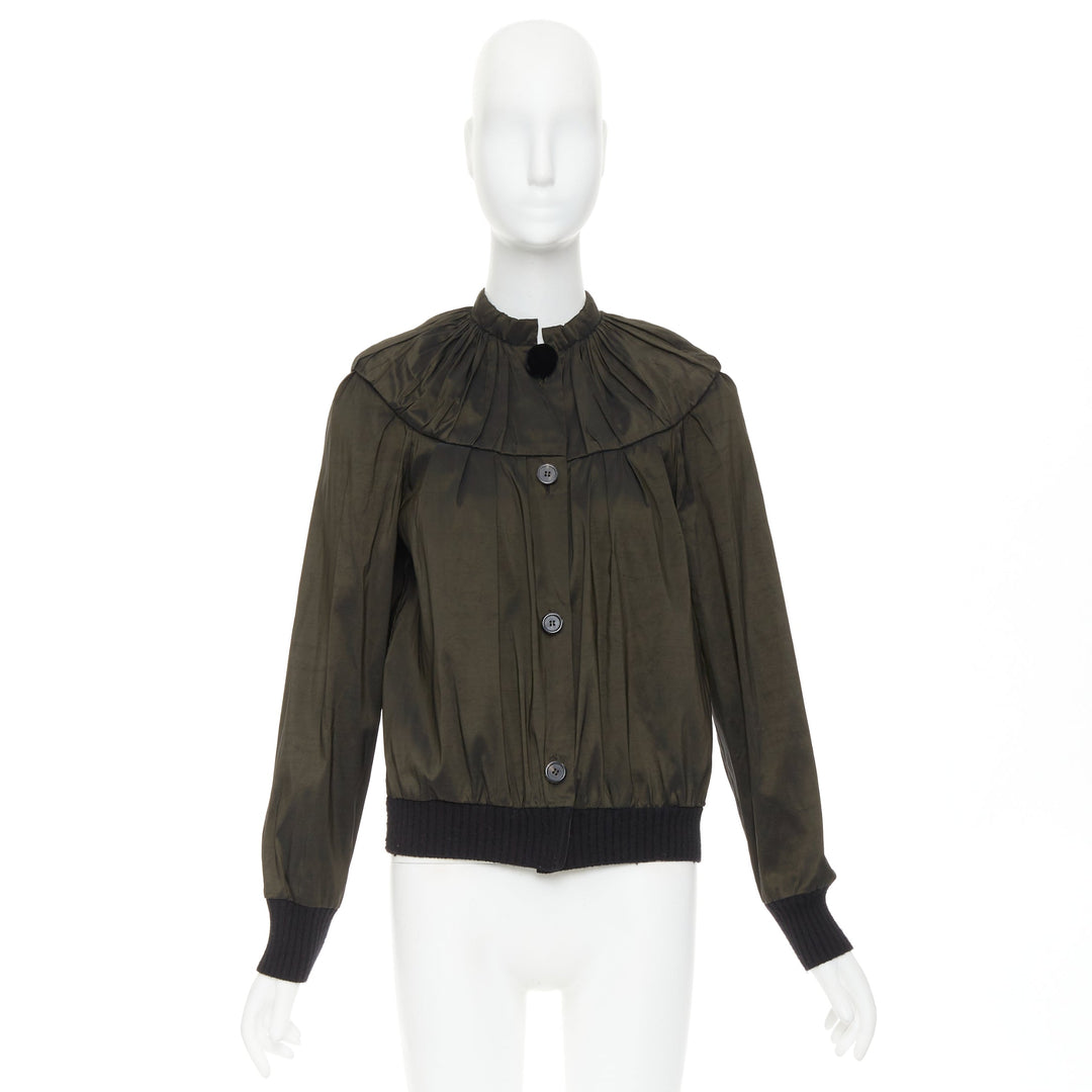 LANVIN 2006 olive green silk blend ruched rib contrast blouse overshirt FR36 S