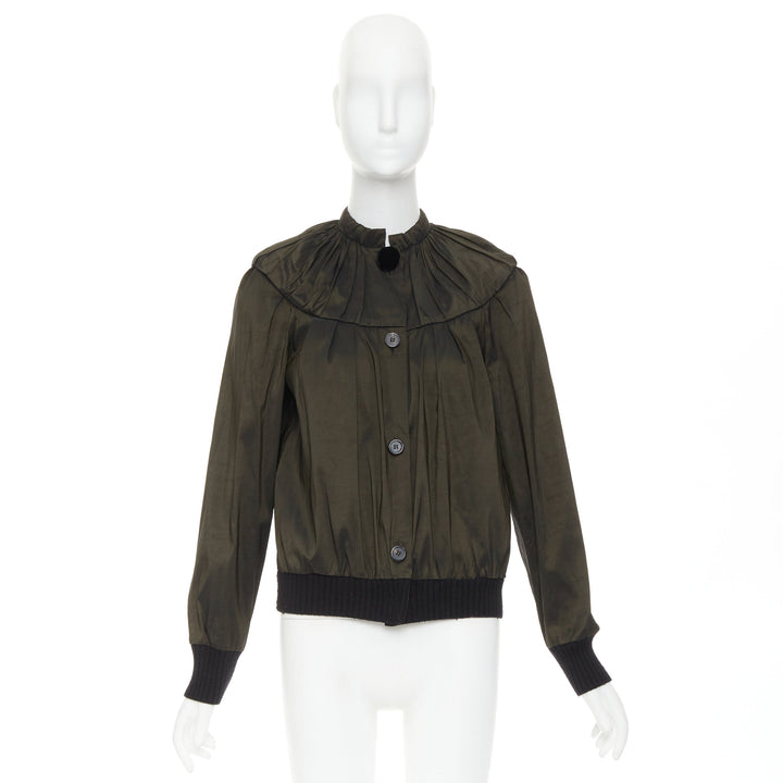 LANVIN 2006 olive green silk blend ruched rib contrast blouse overshirt FR36 S