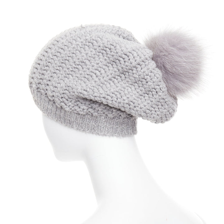 MONCLER grey fur pom pom cream logo heavy knit beanie hat