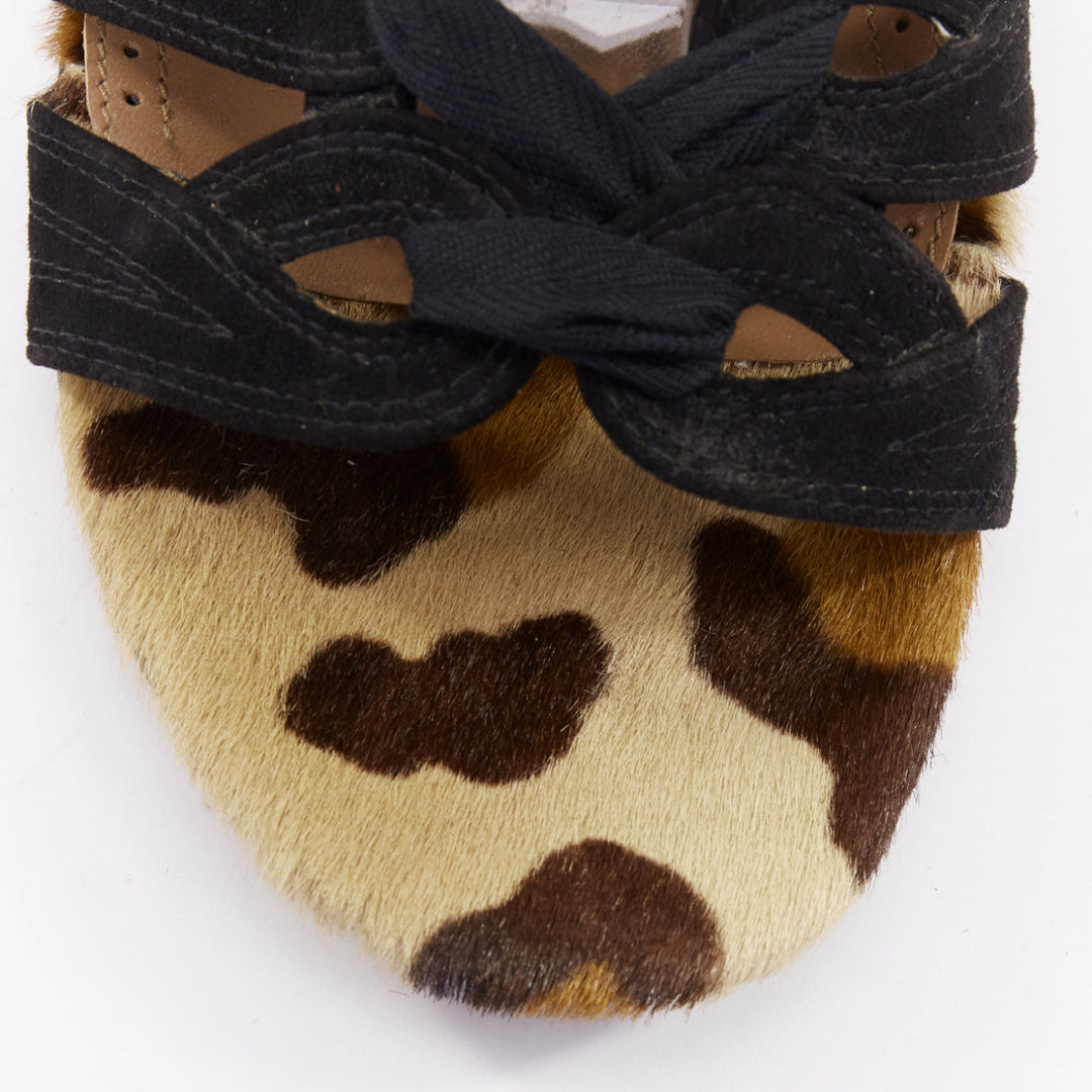 ALAIA black suede leopard pony hair wrap tie lace up gladiator sandals EU36.5