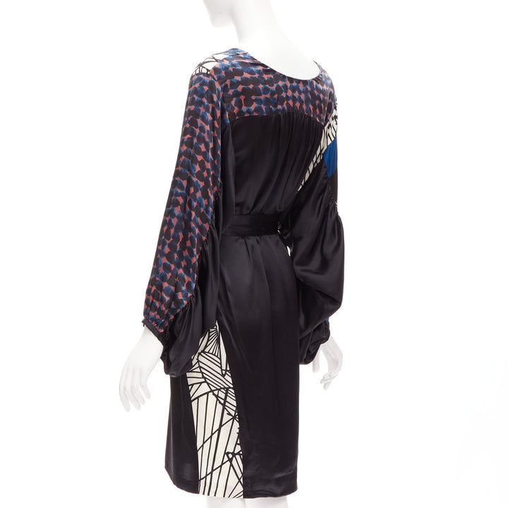 DRIES VAN NOTEN 100% silk black mixed print belted billow knee dress FR36 S