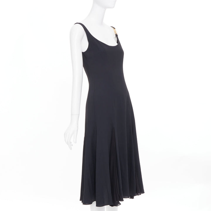 VERSACE 2023 Medusa 95 black viscose silk trim cocktail midi dress IT40 S