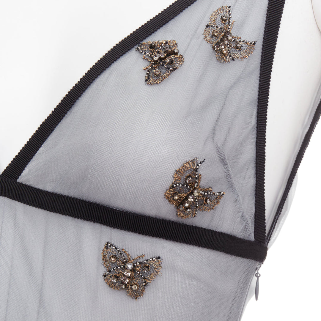 rare CHRISTIAN DIOR 2024 Runway grey butterfly bead embroidered tulle maxi gown