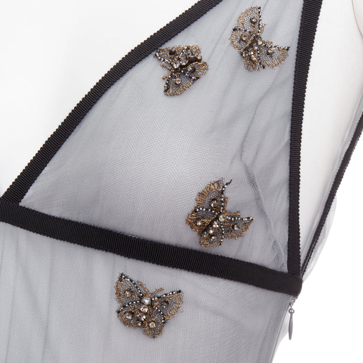 rare CHRISTIAN DIOR 2024 Runway grey butterfly bead embroidered tulle maxi gown