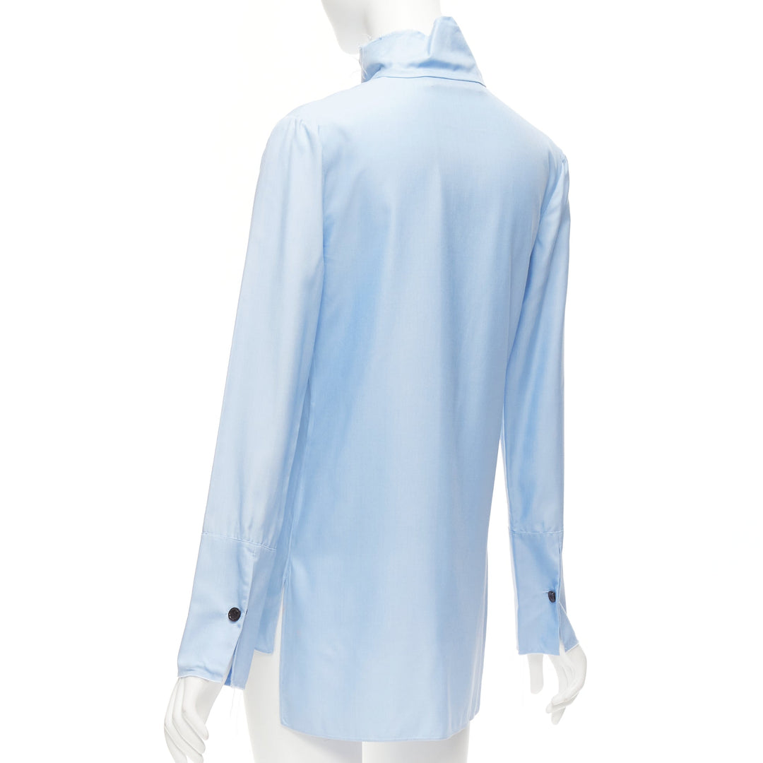 MARNI pastel blue 100% silk raw edge collar pocketed high low hem shirt IT38 XS