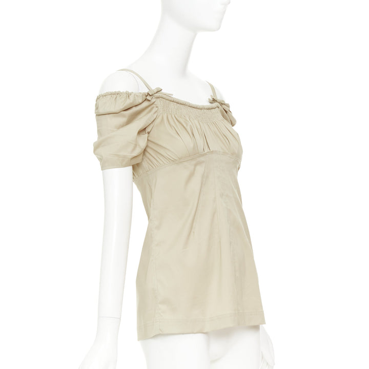 PRADA Vintage khaki cotton ruched bust empire waist bow off shoulder top IT38