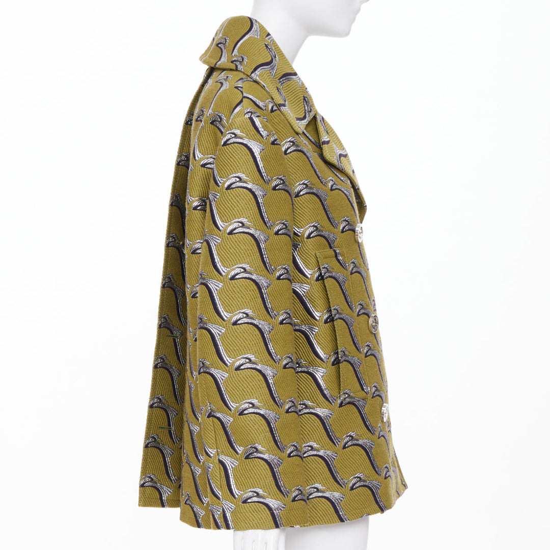 GUCCI 2024 Runway green silver Heron bird jacquard double breast peacoat IT40 S