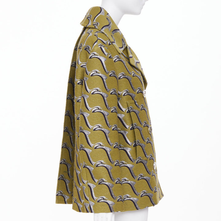 GUCCI 2024 Runway green silver Heron bird jacquard double breast peacoat IT40 S