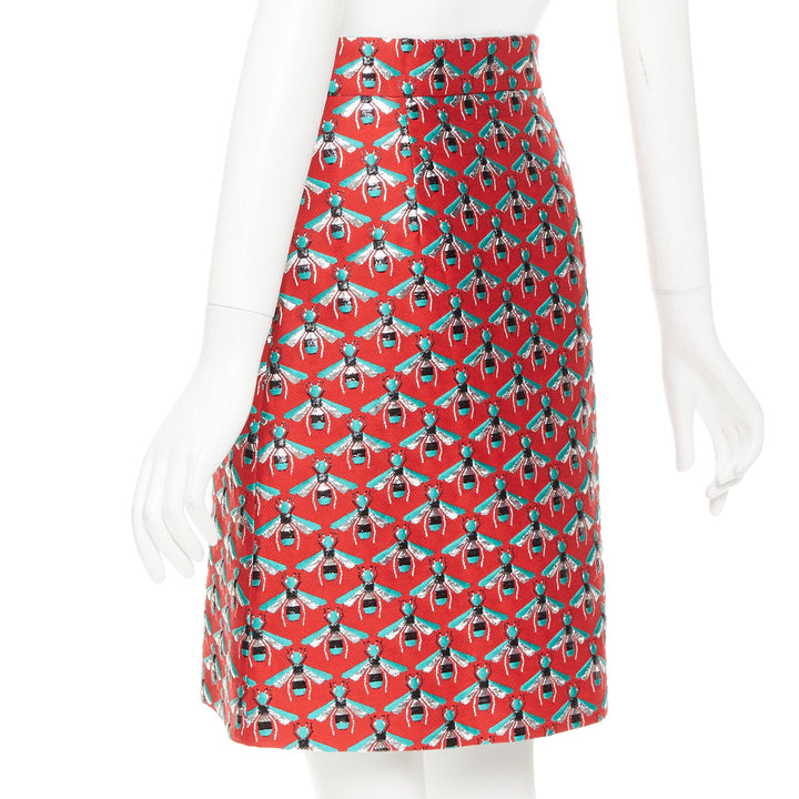 GUCCi 2015 Hibiscus Red Bee jacquard high waist A-line skirt IT40 S