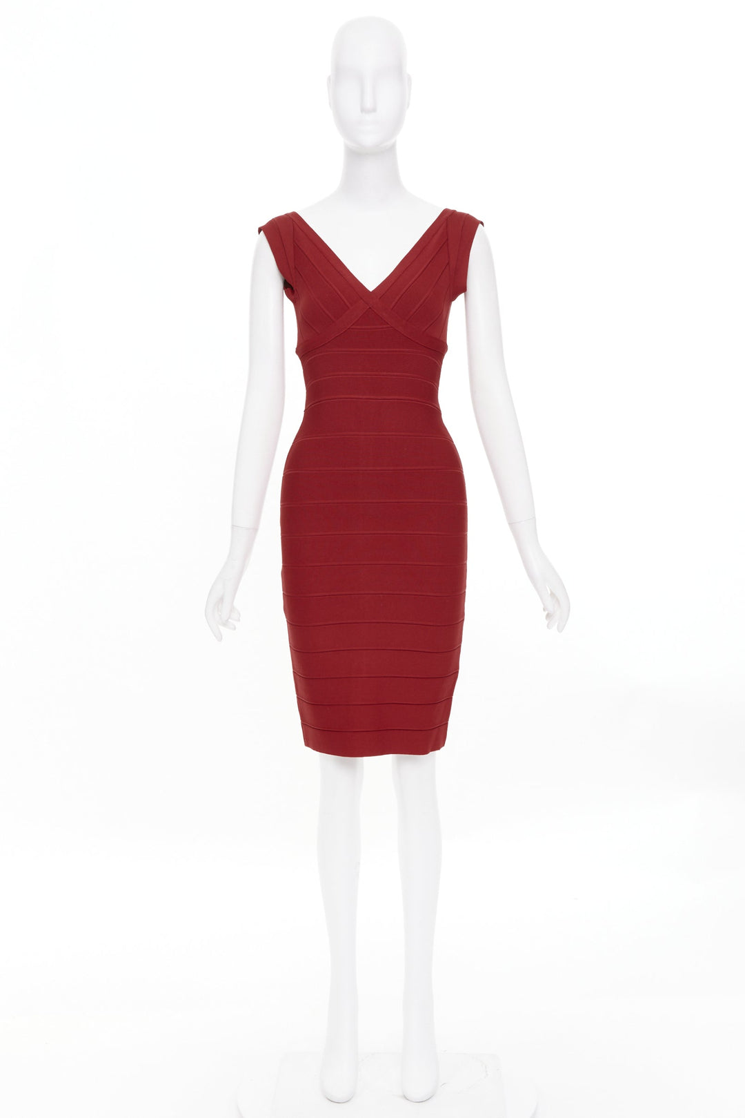 HERVE LEGER Karima Essentials red panel v neck stretch knit outerwear dress XS