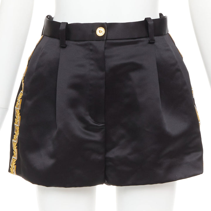 VERSACE black gold Greca embroidered crystal trim mini short shorts IT40 S