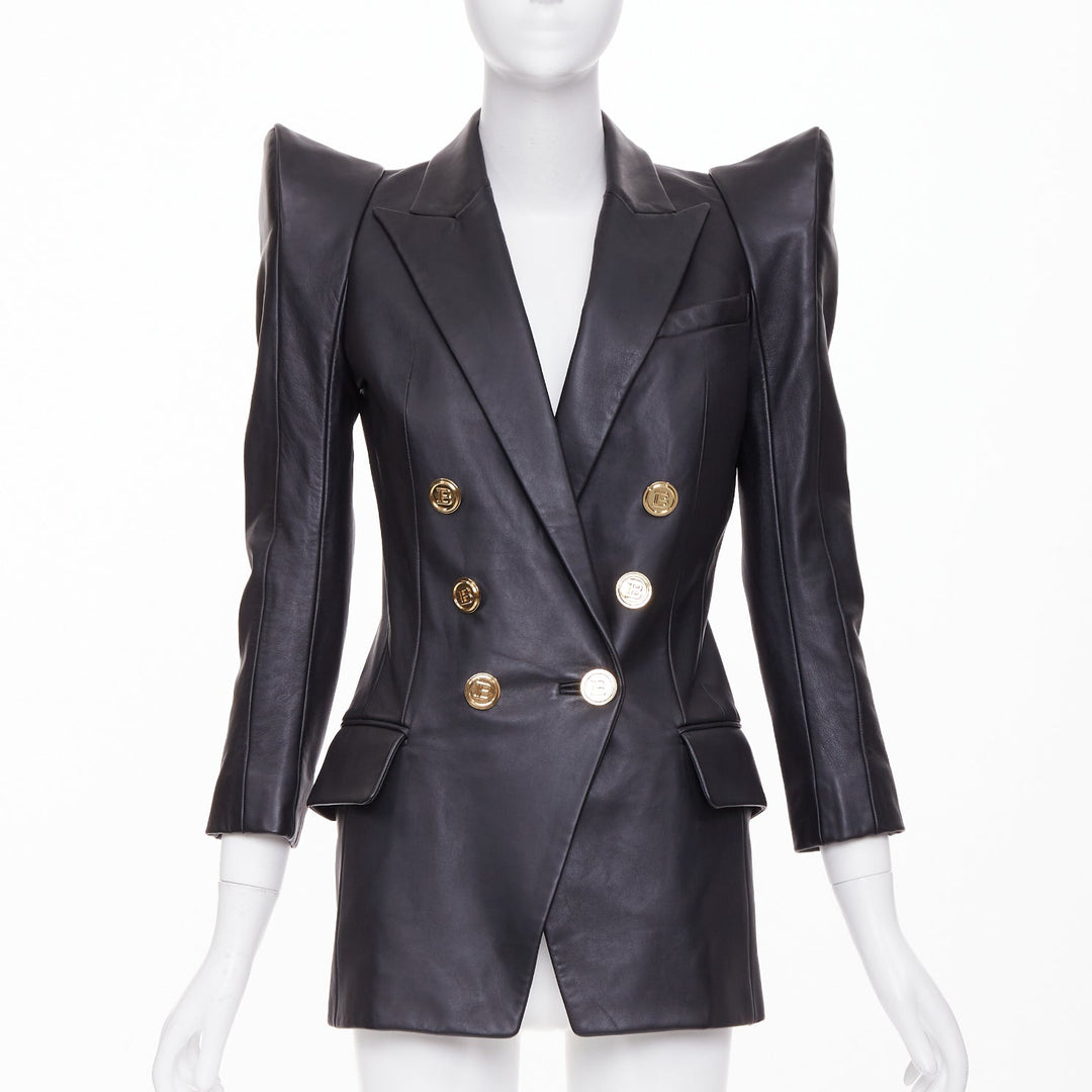 BALMAIN black lambskin leather gold buttons Pagoda shoulders jacket FR34 XS