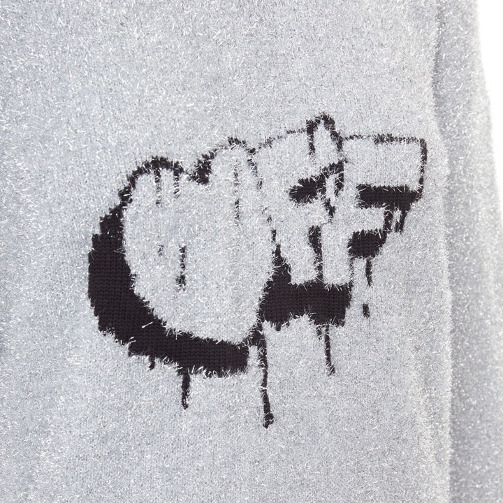 OFF WHITE Virgil Abloh 2019 silver lurex OFF graffiti graphic sweater IT38 XS