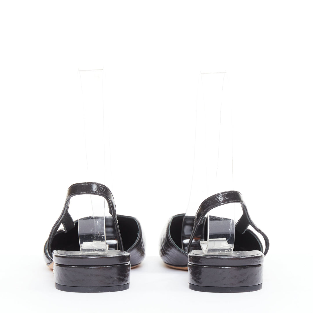 CHANEL two tone gunmetal cap toe black texture leather CC slingback flats EU38.5