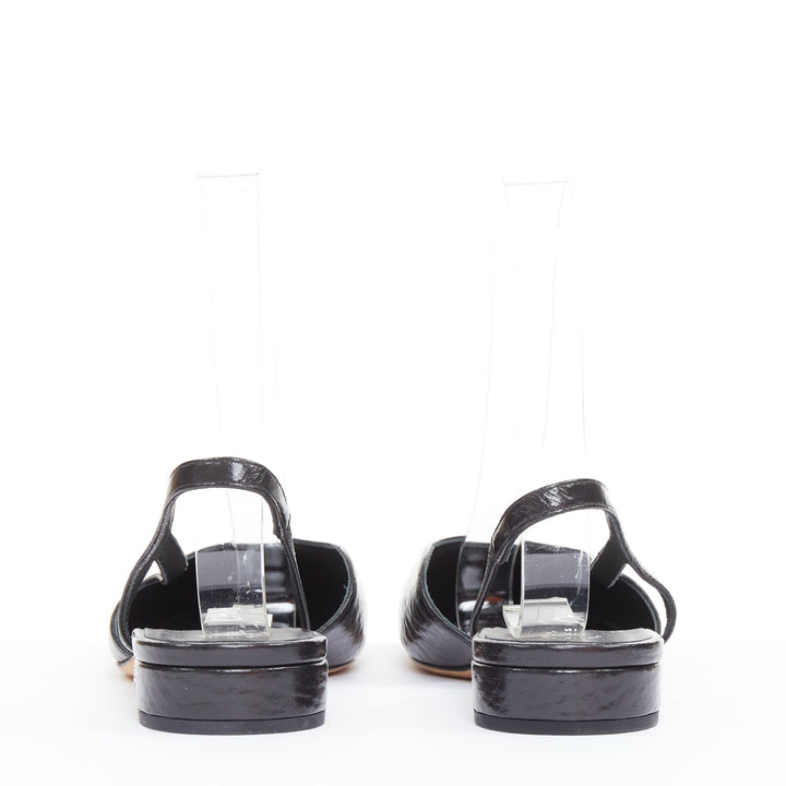 CHANEL two tone gunmetal cap toe black texture leather CC slingback flats EU38.5