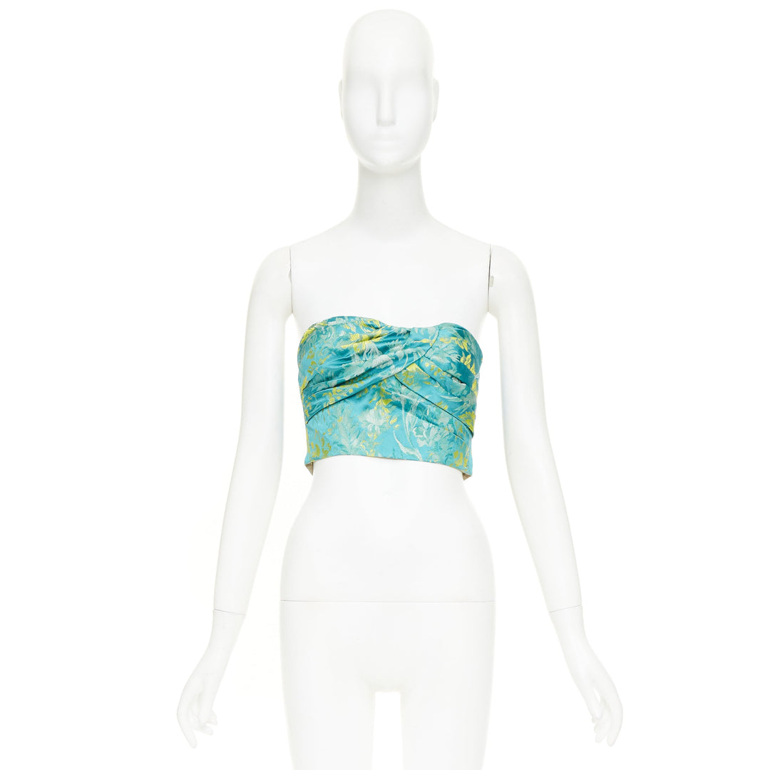 PRADA 2018 green yellow silk floral jacquard ruched corset bandeau top IT38 XS
