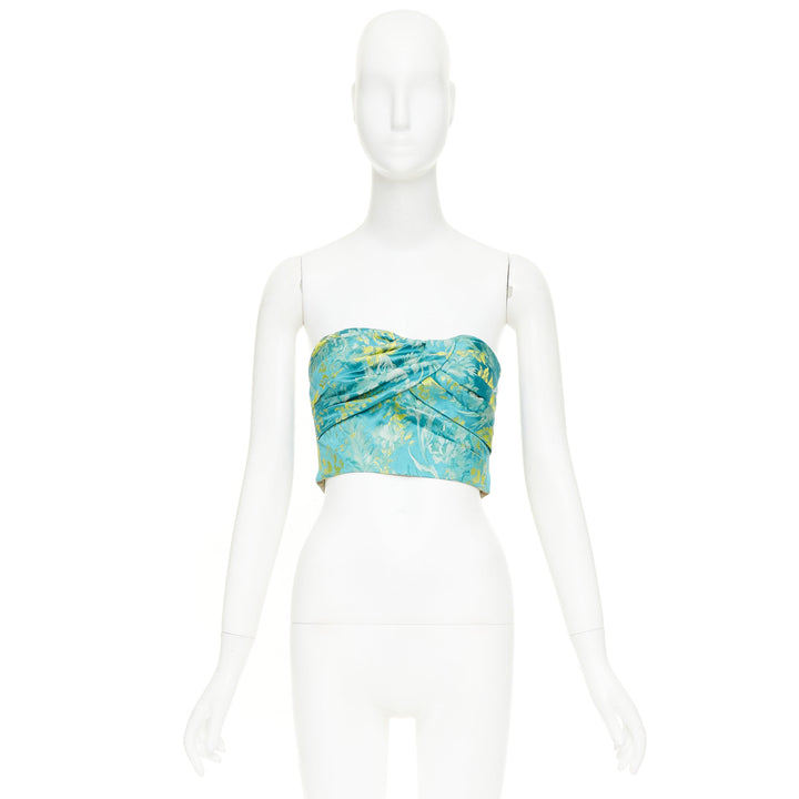 PRADA 2018 green yellow silk floral jacquard ruched corset bandeau top IT38 XS