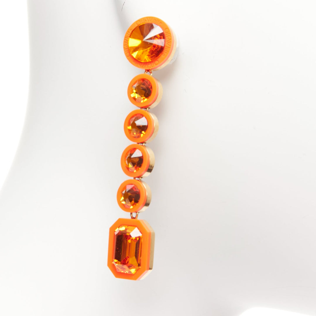 OFF WHITE neon orange gold logo jewel rhinestone drop pin earrings pair