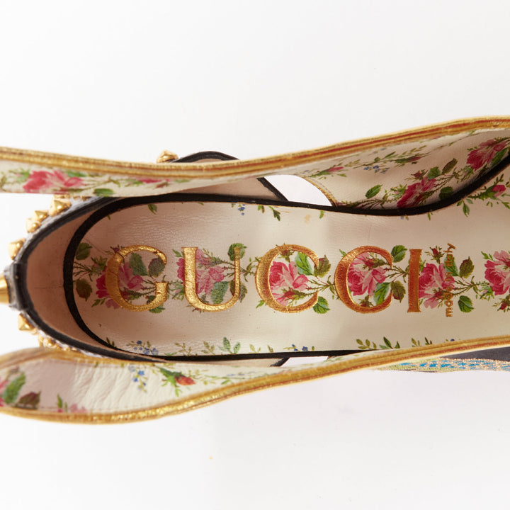 GUCCI 2017 Runway Caspar dragon embroidered spike ankle strap pump heels EU36