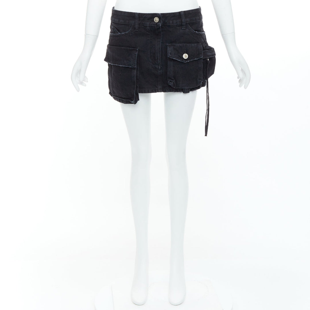 THE ATTICO Fay black washed denim pocketed cargo mini skirt 26"