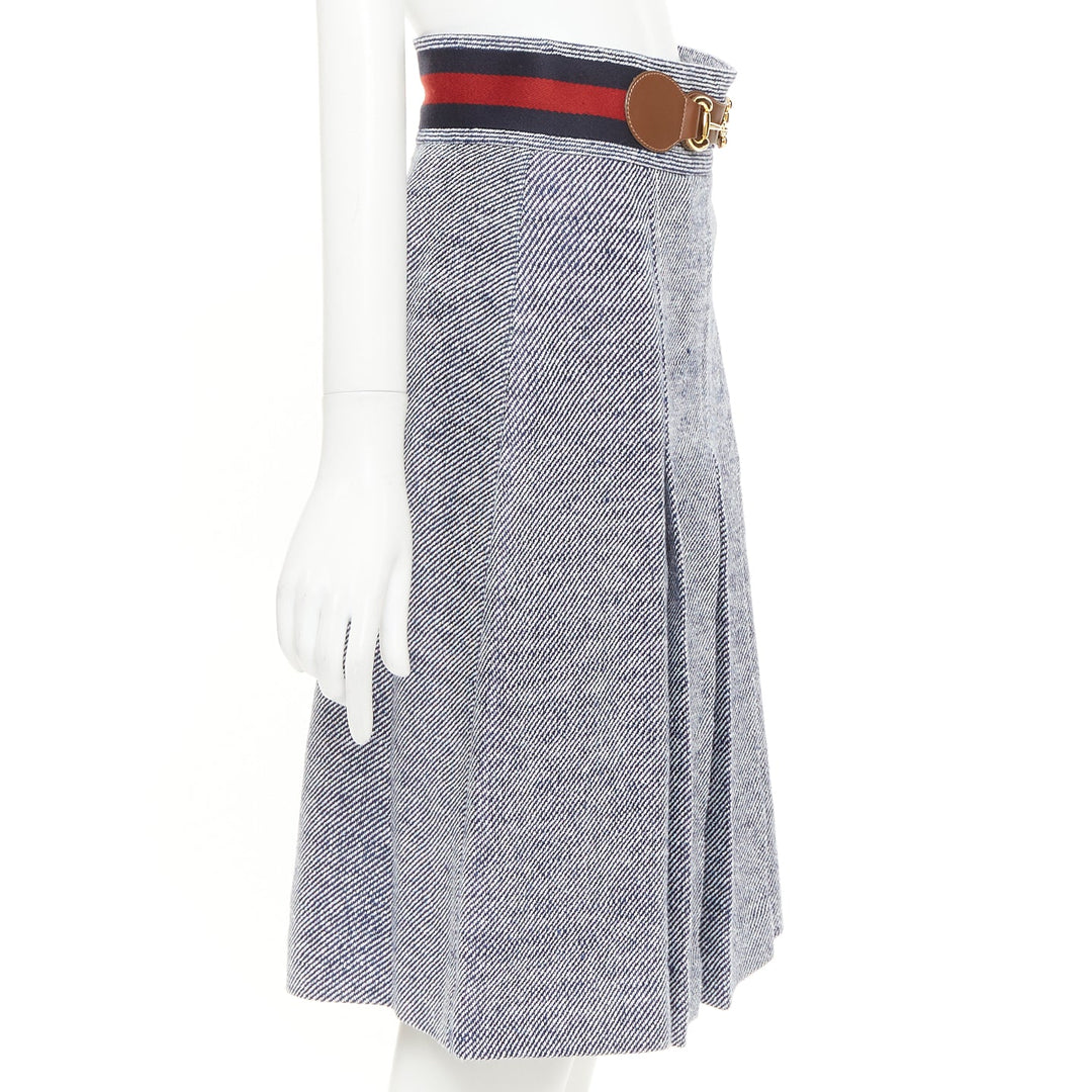 GUCCI blue cotton twill red Web Horsebit belt pleated midi skirt IT40 S