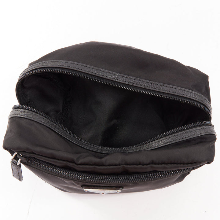 PRADA Re-Nylon saffiano leather  black silver triangle logo travel pouch case