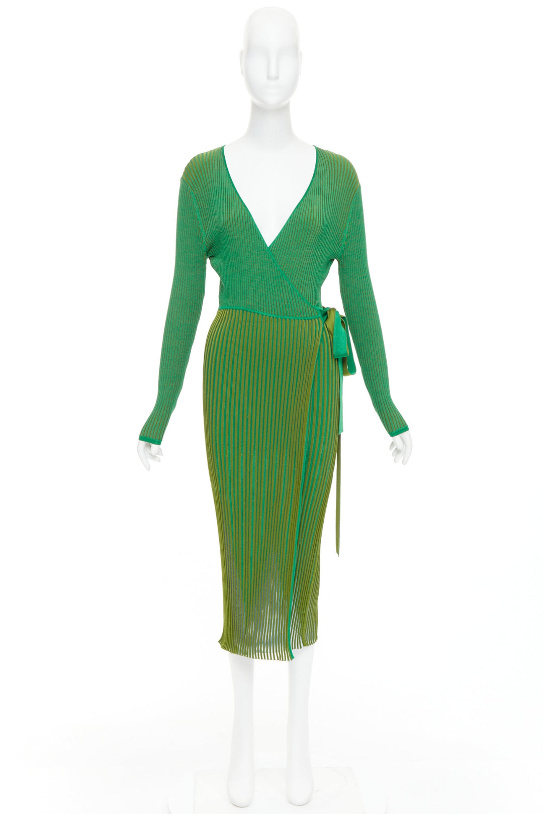 DIANE VON FURSTENBERG green ribbed deep V long wrap dress S