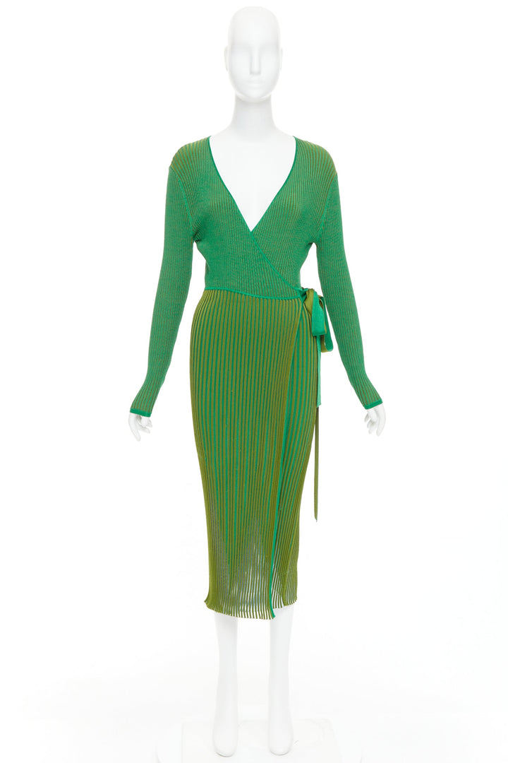 DIANE VON FURSTENBERG green ribbed deep V long wrap dress S
