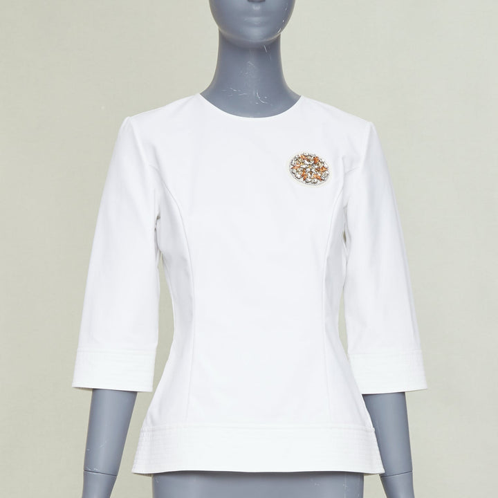 DIOR 2013 off white gold rhinestone embellished badge cotton peplum top FR38 M