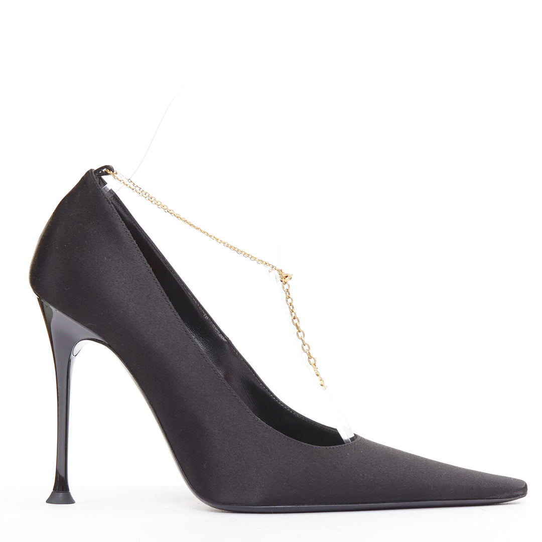 SAINT LAURENT black satin gold-tone YSL chain anklet point toe stiletto EU38