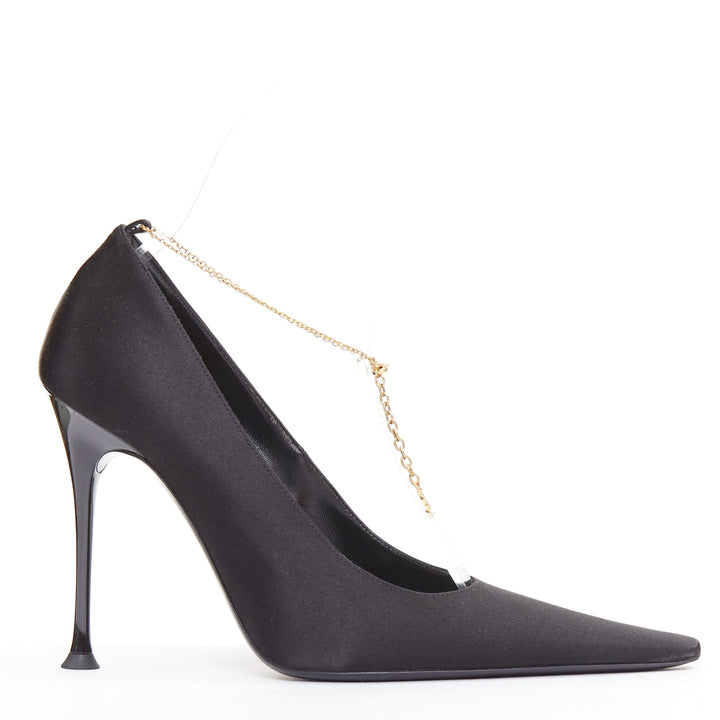 SAINT LAURENT black satin gold-tone YSL chain anklet point toe stiletto EU38