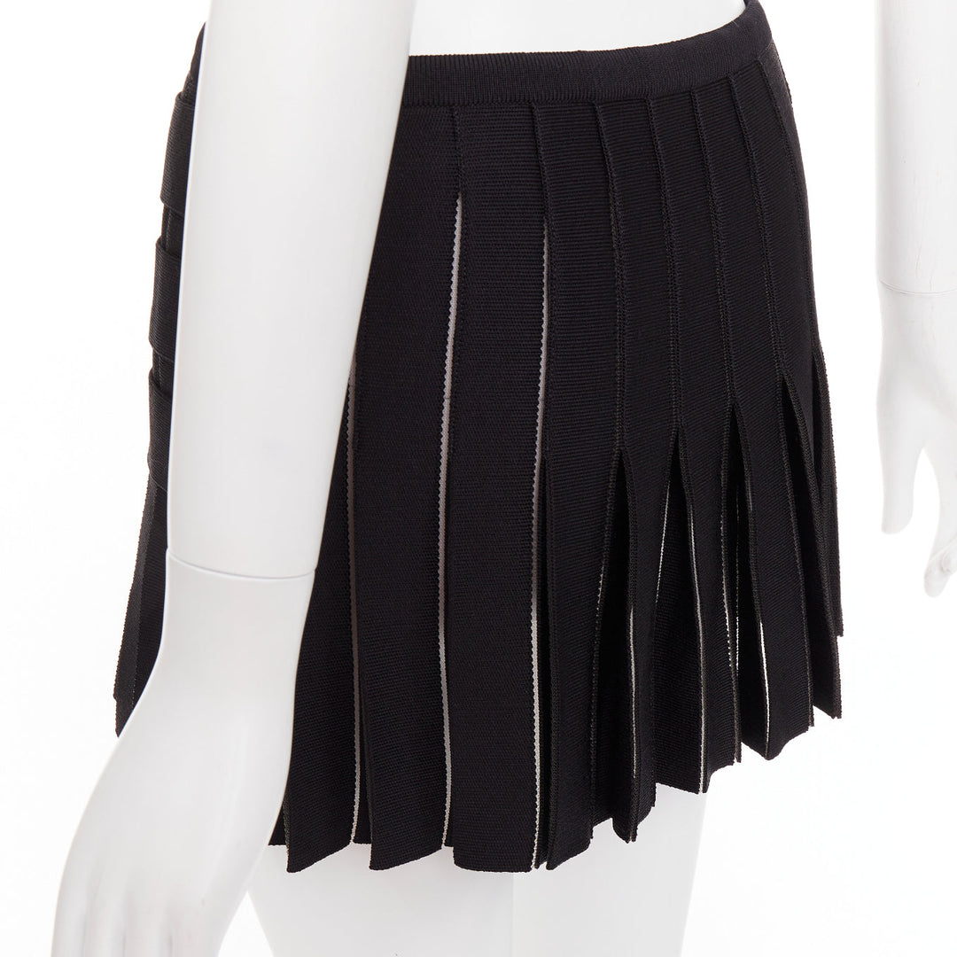 BALMAIN black gold lion buttons diamond grid knit pleated mini skirt FR34 XS