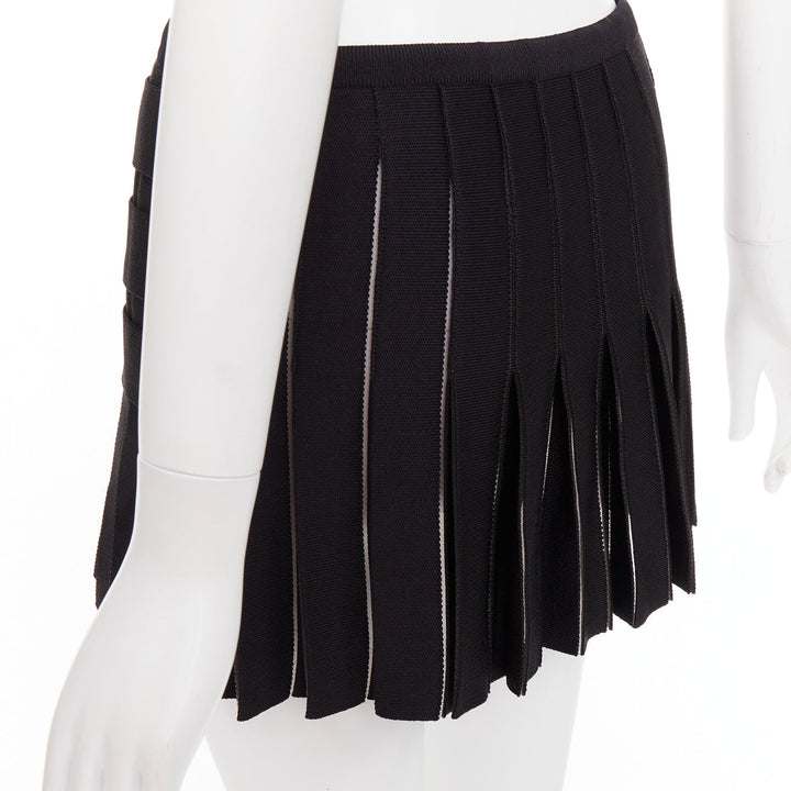 BALMAIN black gold lion buttons diamond grid knit pleated mini skirt FR34 XS