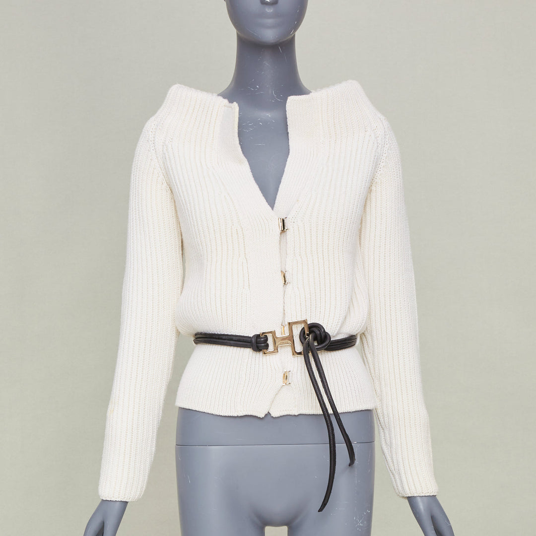 GUCCI Tom Ford Vintage ribbed toggle gold hardware leather belt cardigan top S
