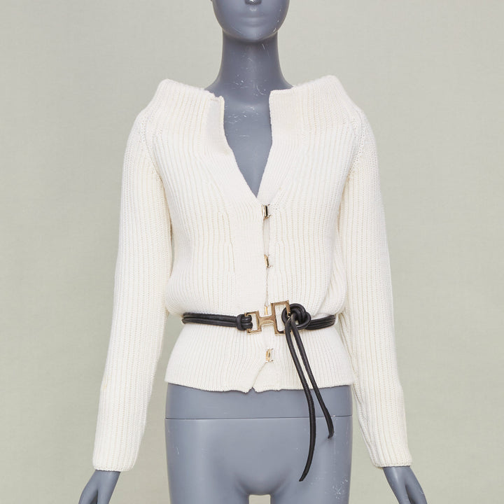 GUCCI Tom Ford Vintage ribbed toggle gold hardware leather belt cardigan top S
