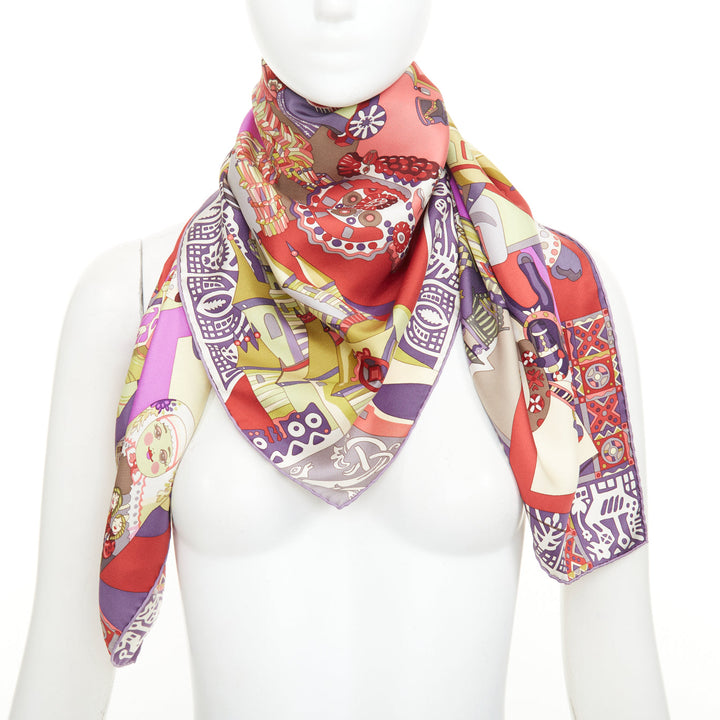 HERMES 2009 Zabavushka Russian folk toy print multicolor silk square scarf 90cm