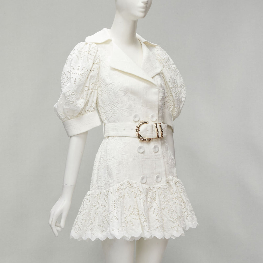 ACLER white embroidery eyelet puff sleeve belted double breasted dress US2 XS