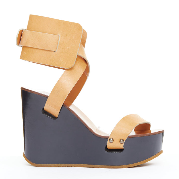 CHLOE tan leather black wooden strappy wedge clog sandals EU36