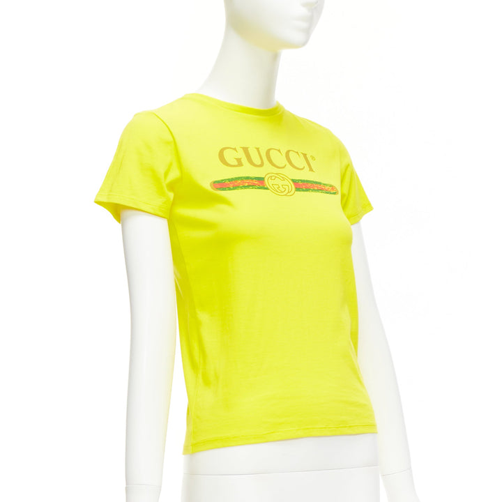 GUCCI KIDS bright yellow vintage logo crew neck tshirt 10Y XS