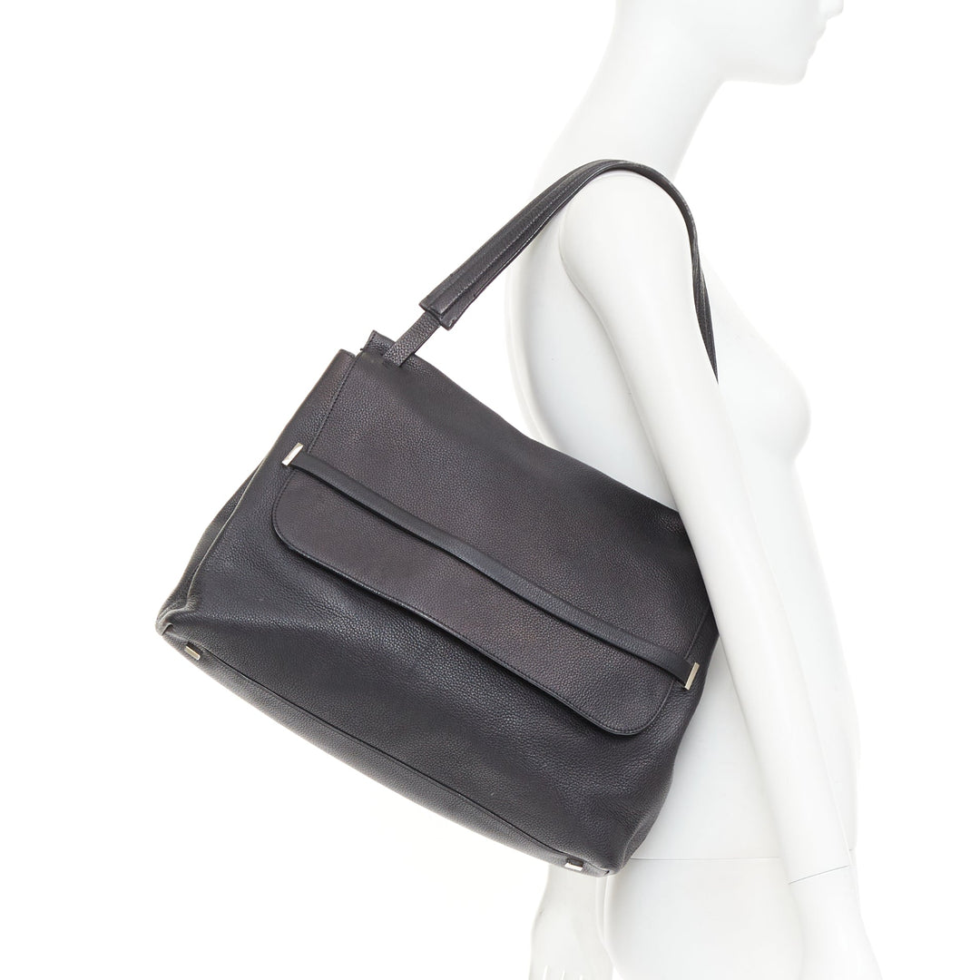 THE ROW Top Handle 14 black pebble leather loop through flap shoulder bag