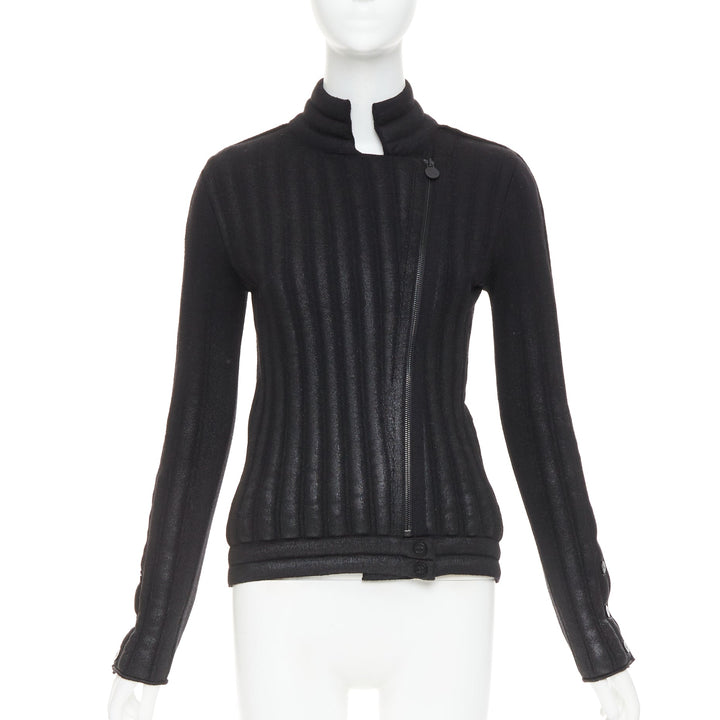 CHANEL 100% wool black metallic coated CC logo tubular pad biker jacket FR34 XS