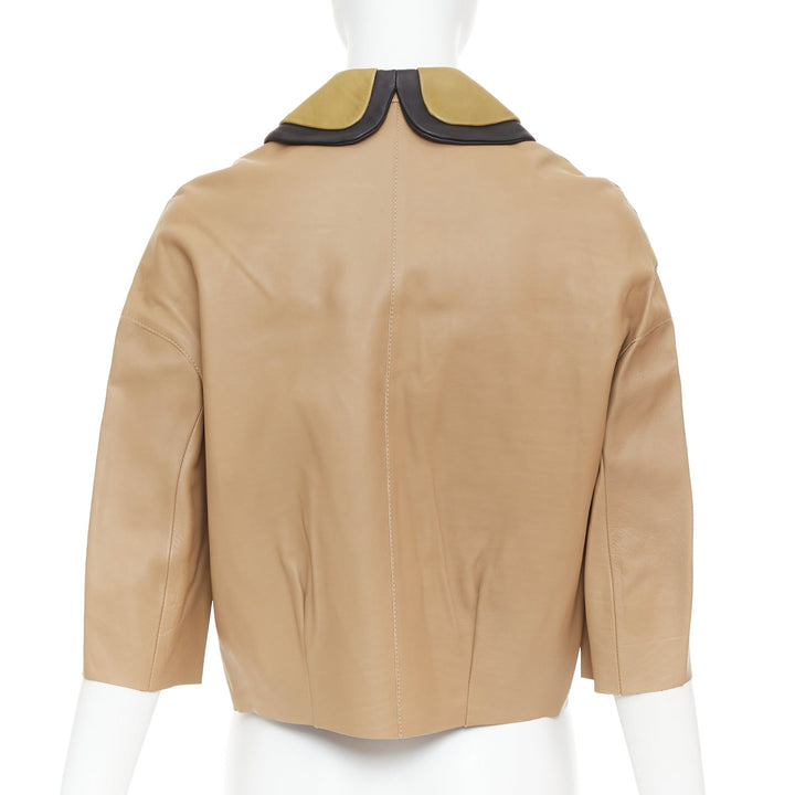 MARNI brown leather green black dup collar cropped double breast jacket IT36 XXS