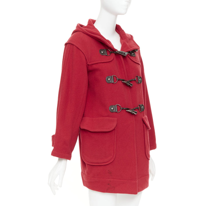 LANVIN EN BLEU red wool blend black brown toggle leather pea coat FR36 S