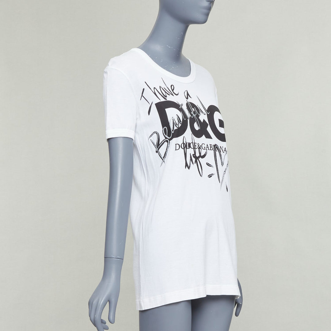 DOLCE GABBANA white cotton Beautiful D&G Life print tshirt IT36 XS